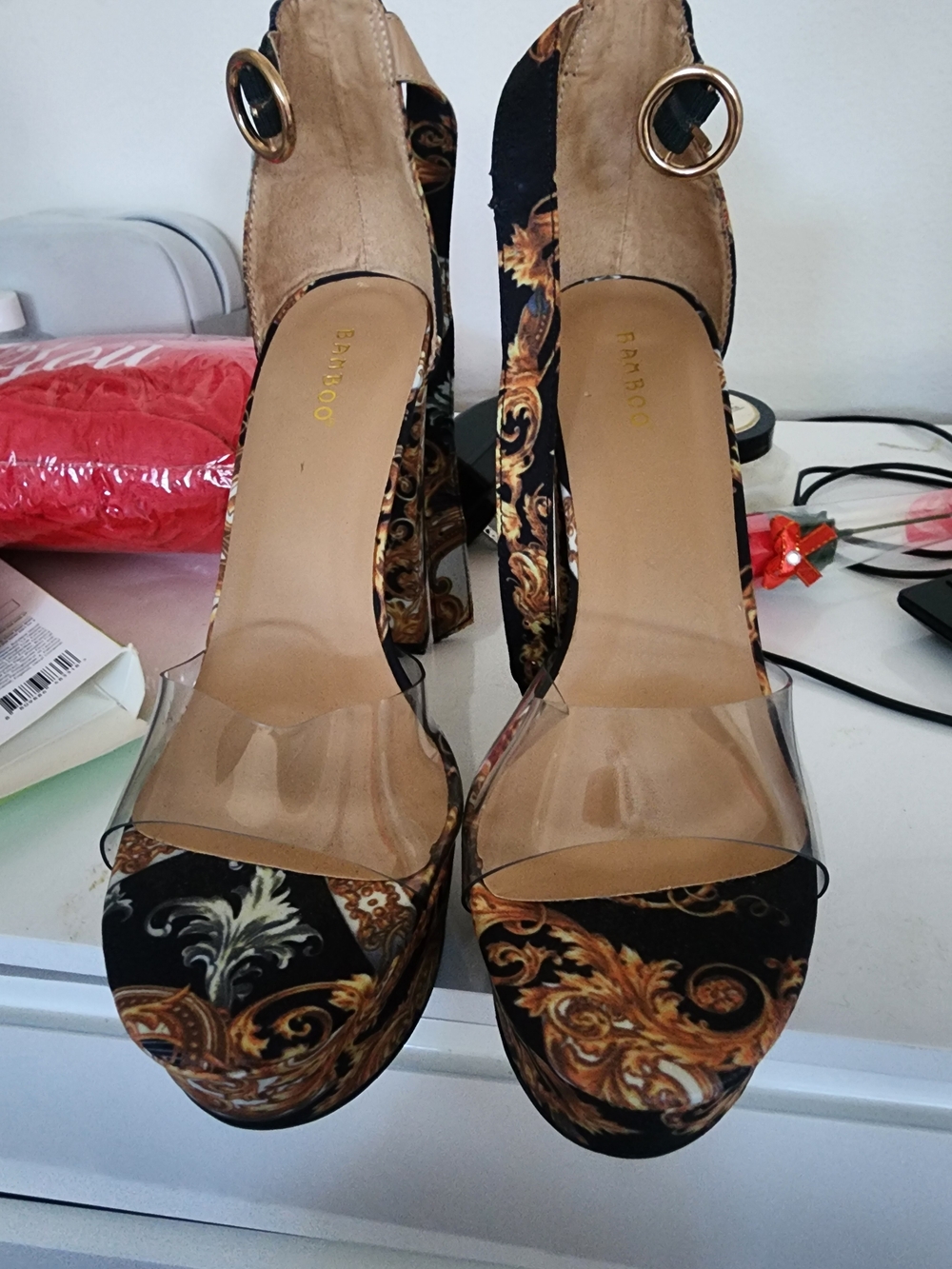 BAMBOO Black & Gold Scroll Platform Sandals with Clear Toe Strap
